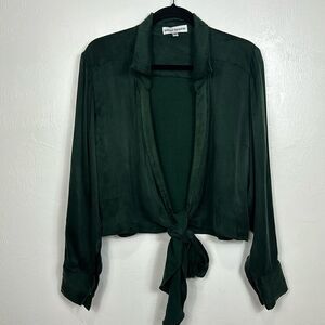 Karina Grimaldi Long Sleeve Collared Tie Front Blouse Top In Dark Green Size S